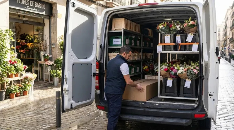 repartidor-floristeria-furgoneta Repartidor de flores cargando furgoneta organizada con ramos para reparto eficiente.