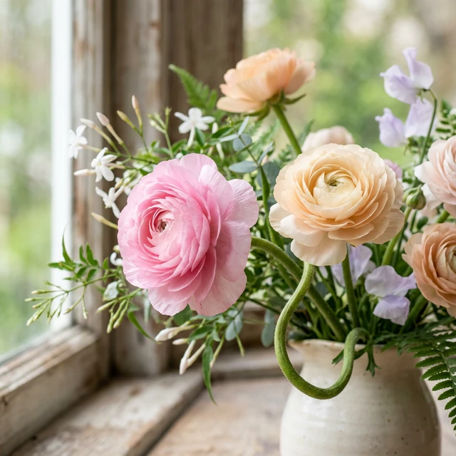 detalle_ranunculos Detalle de los delicados pétalos y tallos de ranúnculos en un arreglo floral