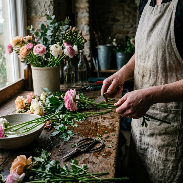florista_trabajando Profesional de floristería preparando y cortando tallos frescos de ranúnculos
