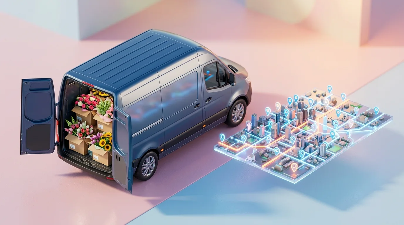 reparto-floristería Furgoneta de reparto organizando rutas de servicio de envío de flores a domicilio