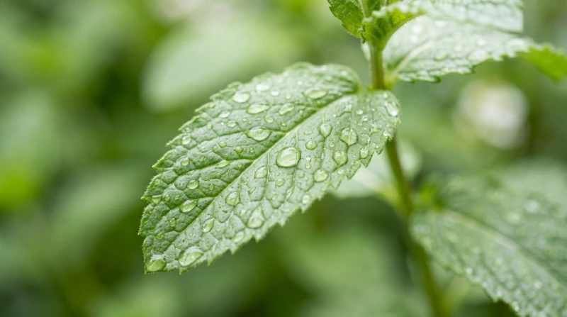 Detalle botánico de hoja de hierbabuena utilizada como flor de corte