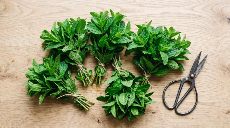 Manojos de hierbabuena fresca listos para usar en arreglos de floristería