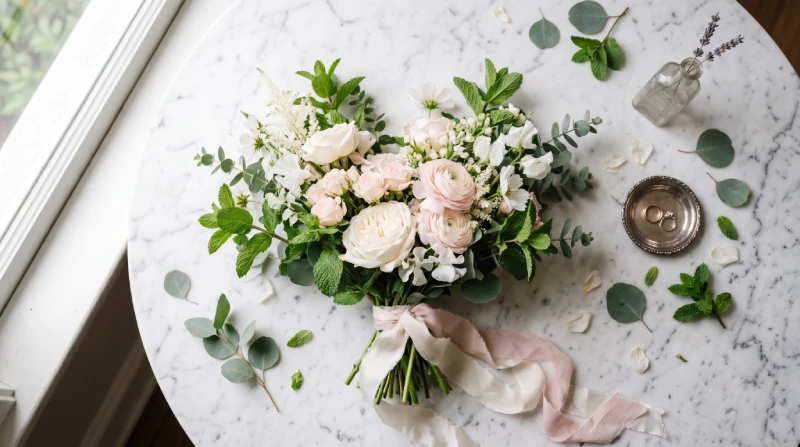 Centro de mesa rústico con diseño floral de jardín y hierbabuena