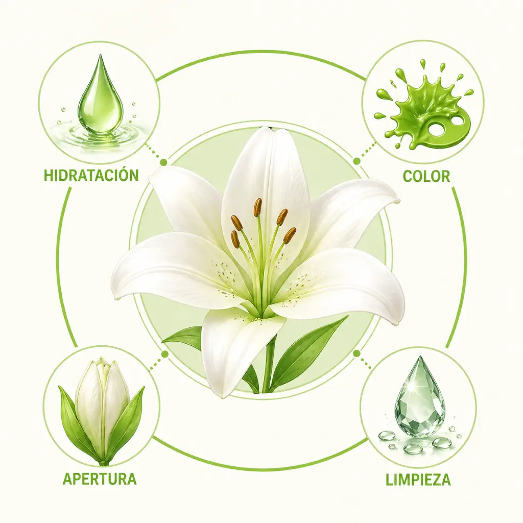 Rueda con una flor abierta en el centro rodeada de cuatro iconos que representan los beneficios del alimento floral en flores cortadas: hidratación prolongada, color más intenso, apertura completa del botón y agua limpia sin turbidez.