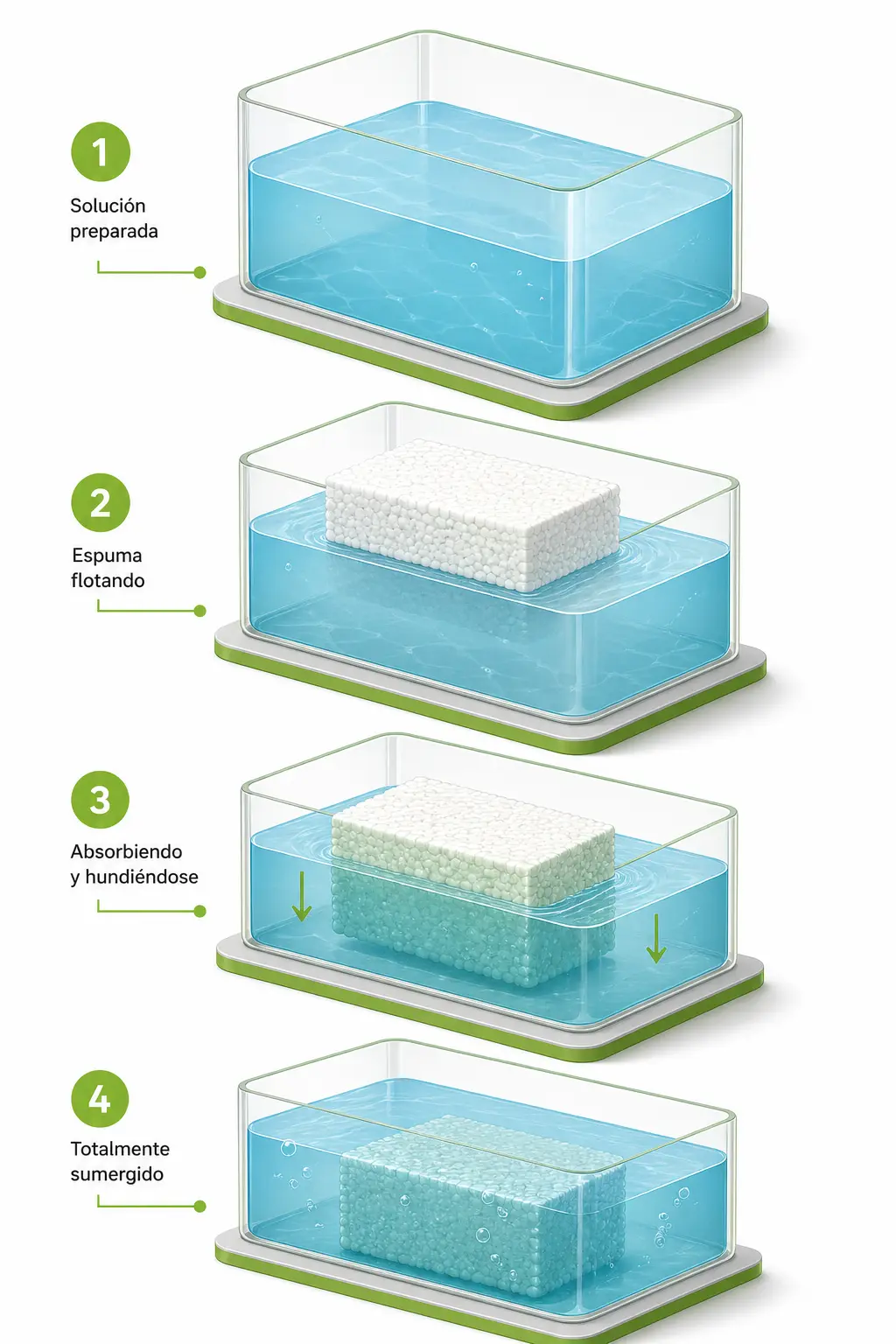 Secuencia en cuatro pasos del empapado correcto de un bloque de espuma floral: colocación sobre el agua, absorción gradual, descenso por su propio peso y saturación completa.