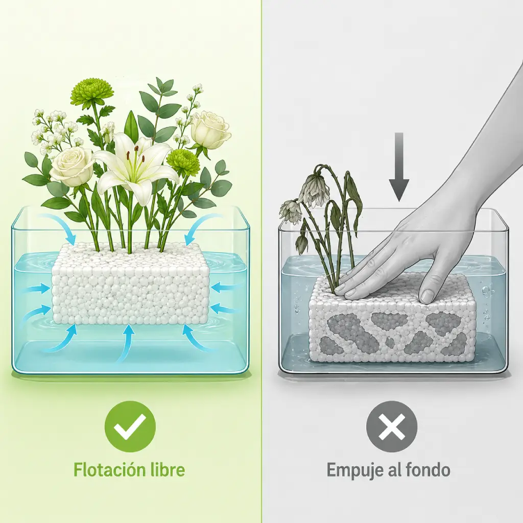 Comparación visual entre dos métodos de empapado de espuma floral. A la izquierda, el bloque flotando libremente con absorción uniforme y flores frescas. A la derecha, una mano hundiendo el bloque a la fuerza, bolsas de aire secas en el interior y flores marchitas.