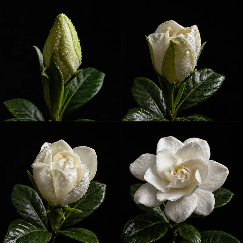 Secuencia macro de una gardenia abriéndose en cuatro fases.