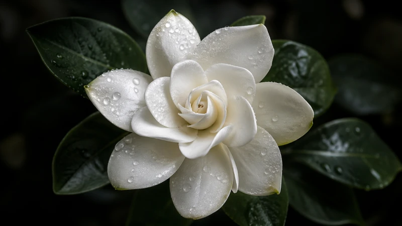 Gardenia blanca en plena floración vista desde arriba