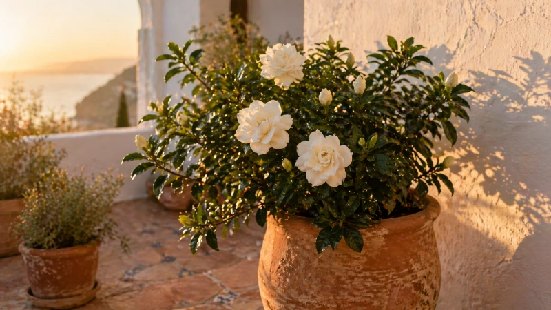 Gardenia adulta en maceta en una terraza mediterránea al atardecer