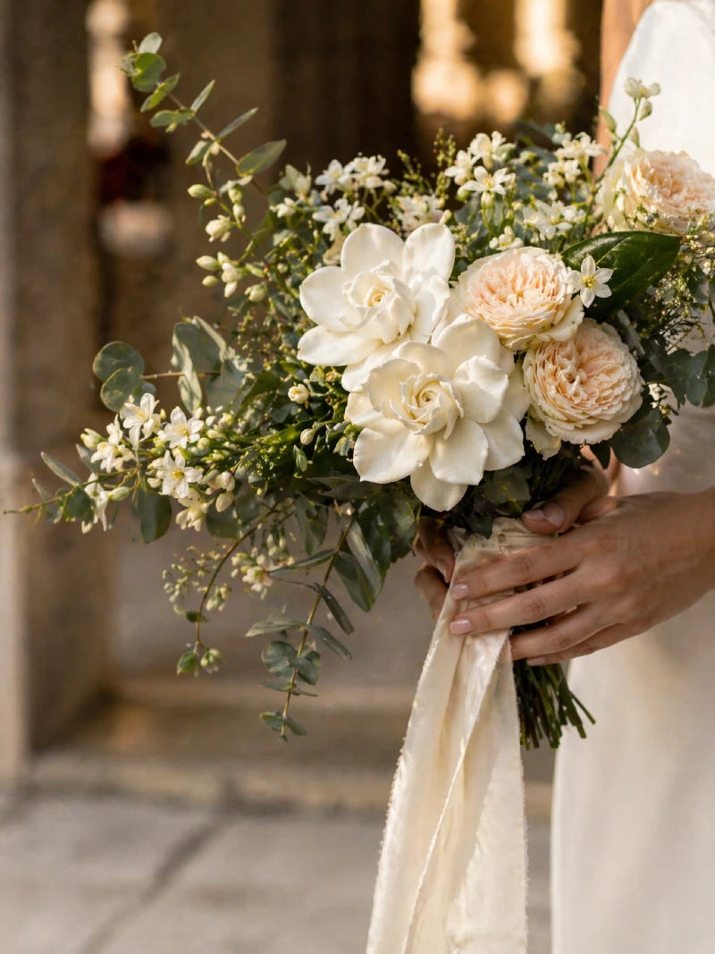 Ramo de novia con flor de gardenia y rosas de jardín