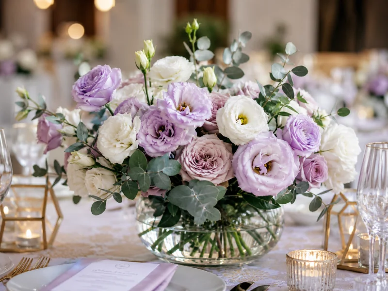 Arreglo de centro de mesa floral con lisianthus lavanda y texturas orgánicas