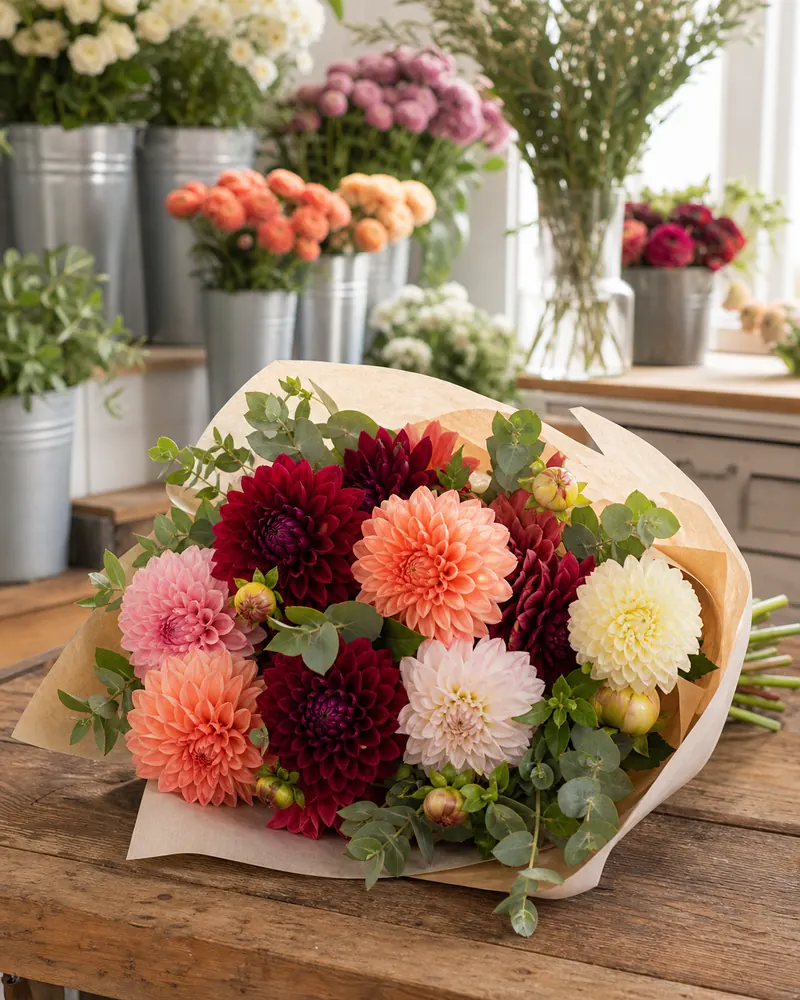dahlias-flor-cortada-04-venta-floristeria Dalias presentadas en floristería para un encargo especial