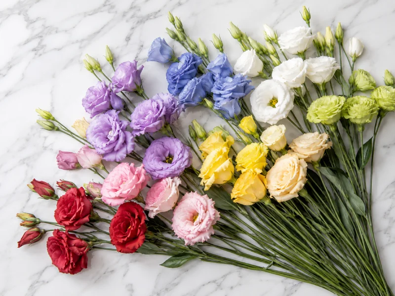 Paleta de tallos de lisianthus en diferentes colores como blanco, lila, rosa y champagne