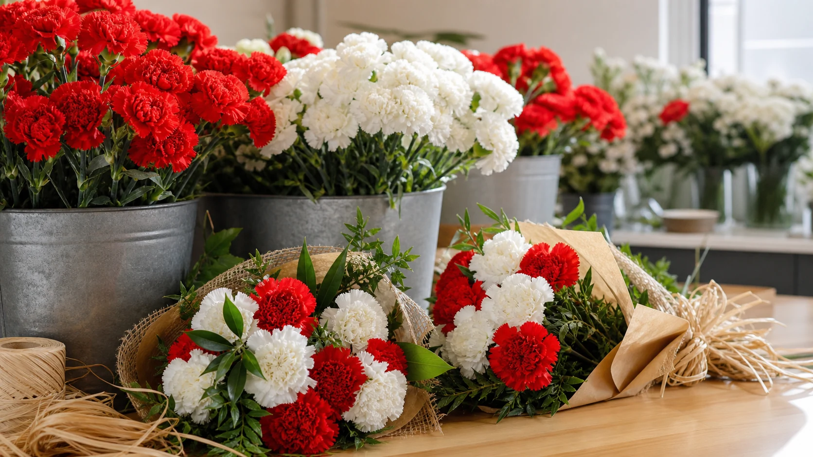 Claveles rojos y blancos para ramos de San Isidro en floristeria