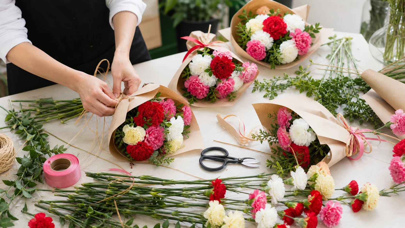 Mesa de floristeria preparando ramos castizos con claveles para San Isidro