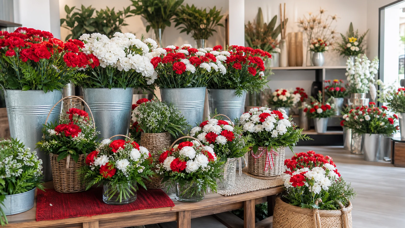 Escaparate floral de San Isidro con claveles y centros para venta profesional