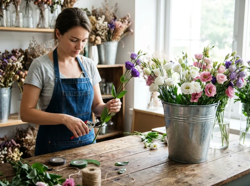 Florista profesional cuidando y arreglando tallos de lisianthus en su taller