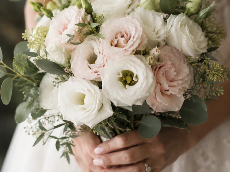 Ramo de novia confeccionado con lisianthus doble blanco y follaje verde