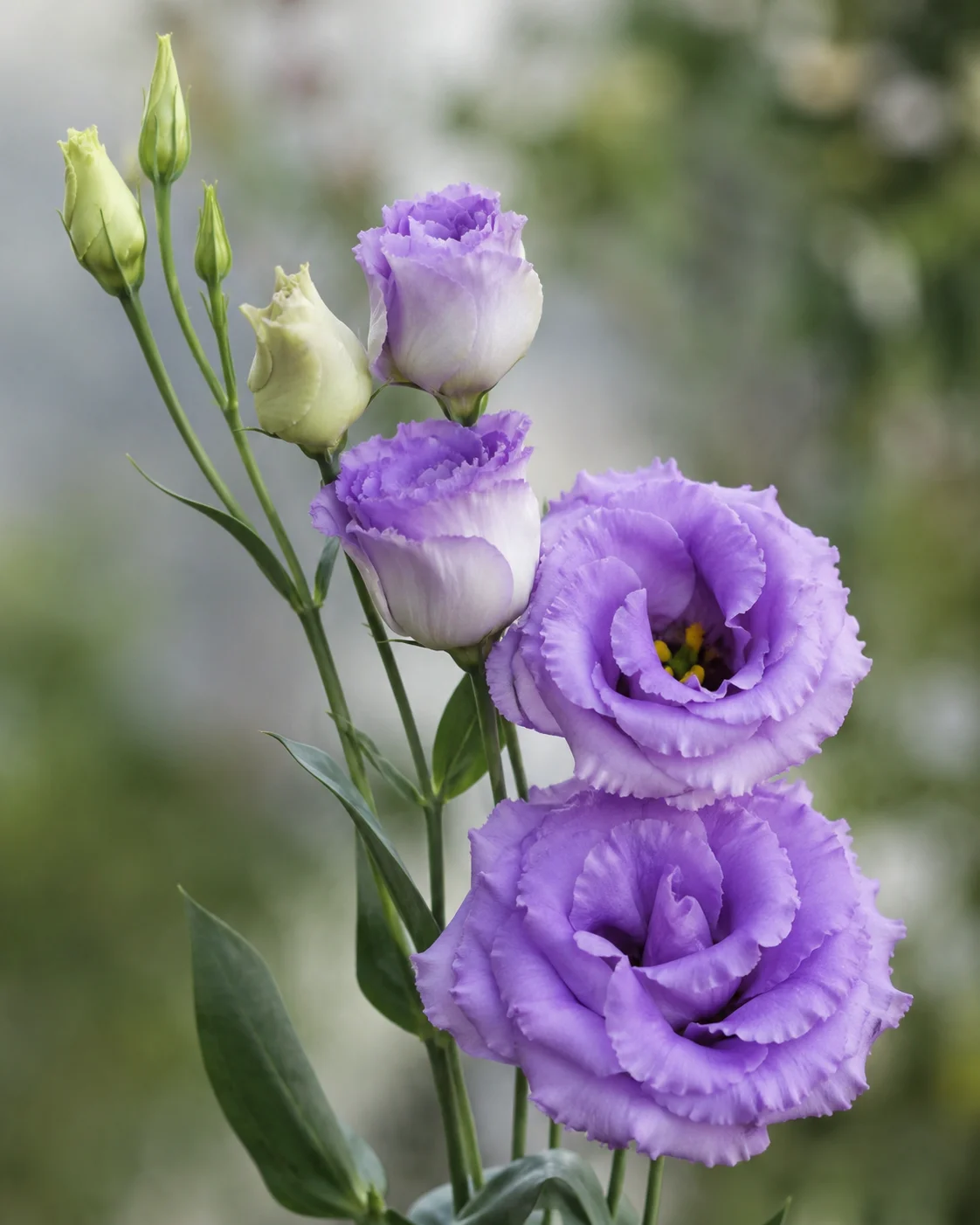 Detalle de tallo de lisianthus eustoma mostrando capullos y flores abiertas