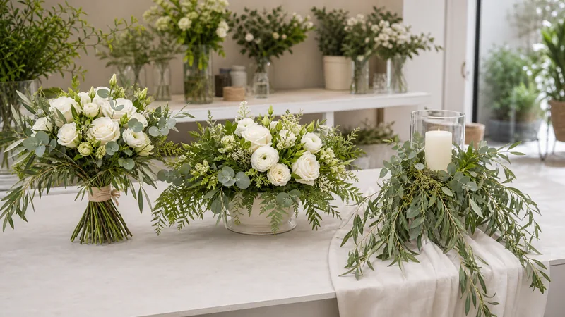 verdes-floristeria-03-aplicaciones-florales Verdes aplicados en ramo, centro floral y decoración profesional