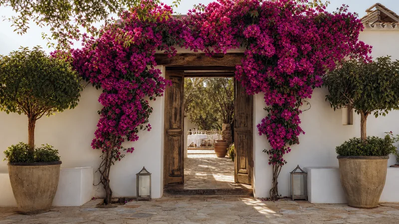 Buganvilla como marco decorativo en una entrada exterior mediterránea