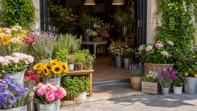 Entrada de floristería con flores de verano y plantas preparadas para venta