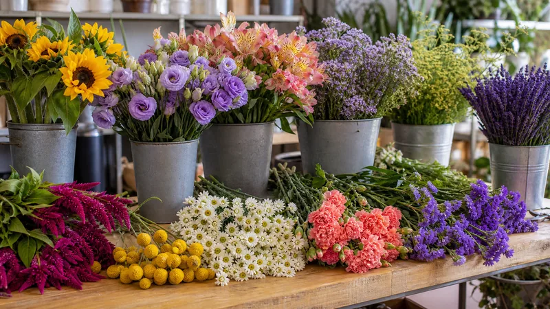 Surtido de flor cortada de verano con girasoles, lisianthus y alstroemerias