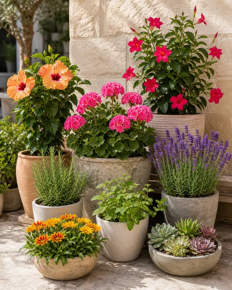 Plantas de verano para exterior con geranios, dipladenias y aromáticas