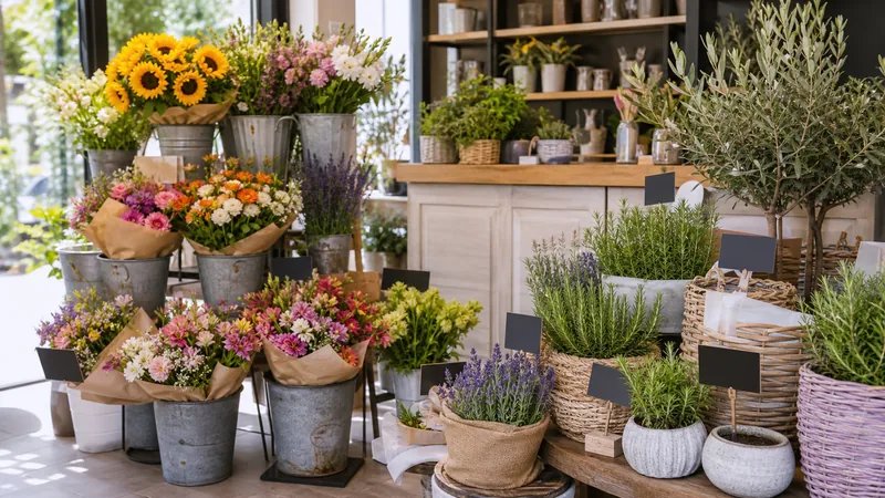 Ramos preparados y plantas de verano presentados en una floristería