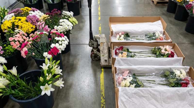 flor-artificial-santos-01-compra-campana-merma Cubos de flor cortada fresca junto a cajas de flor artificial en el almacén de una floristería antes de la campaña de Santos