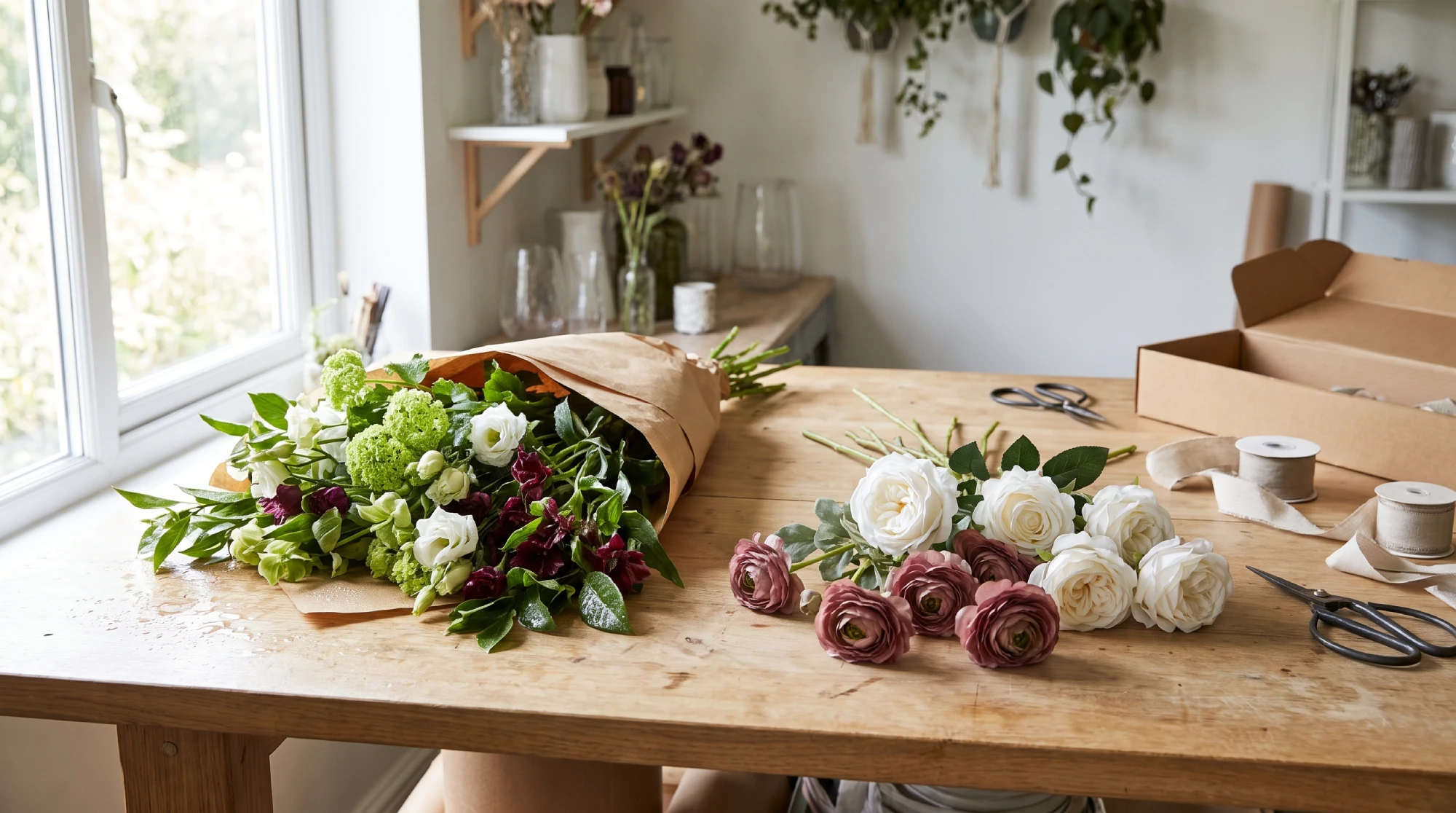 Mesa de trabajo de una floristería con flor fresca y varas artificiales hiperrealistas preparadas para la campaña de Todos los Santos